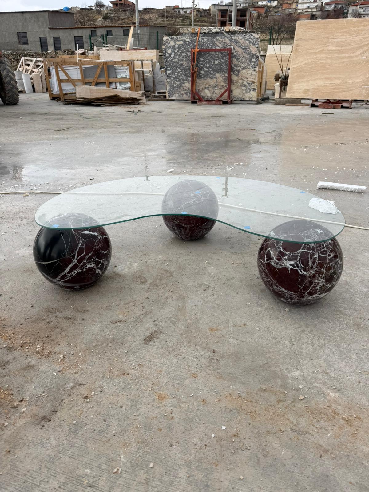 Rosso Levanto Marble Coffee Table – Round Ball Design, Handmade Glass Table Top