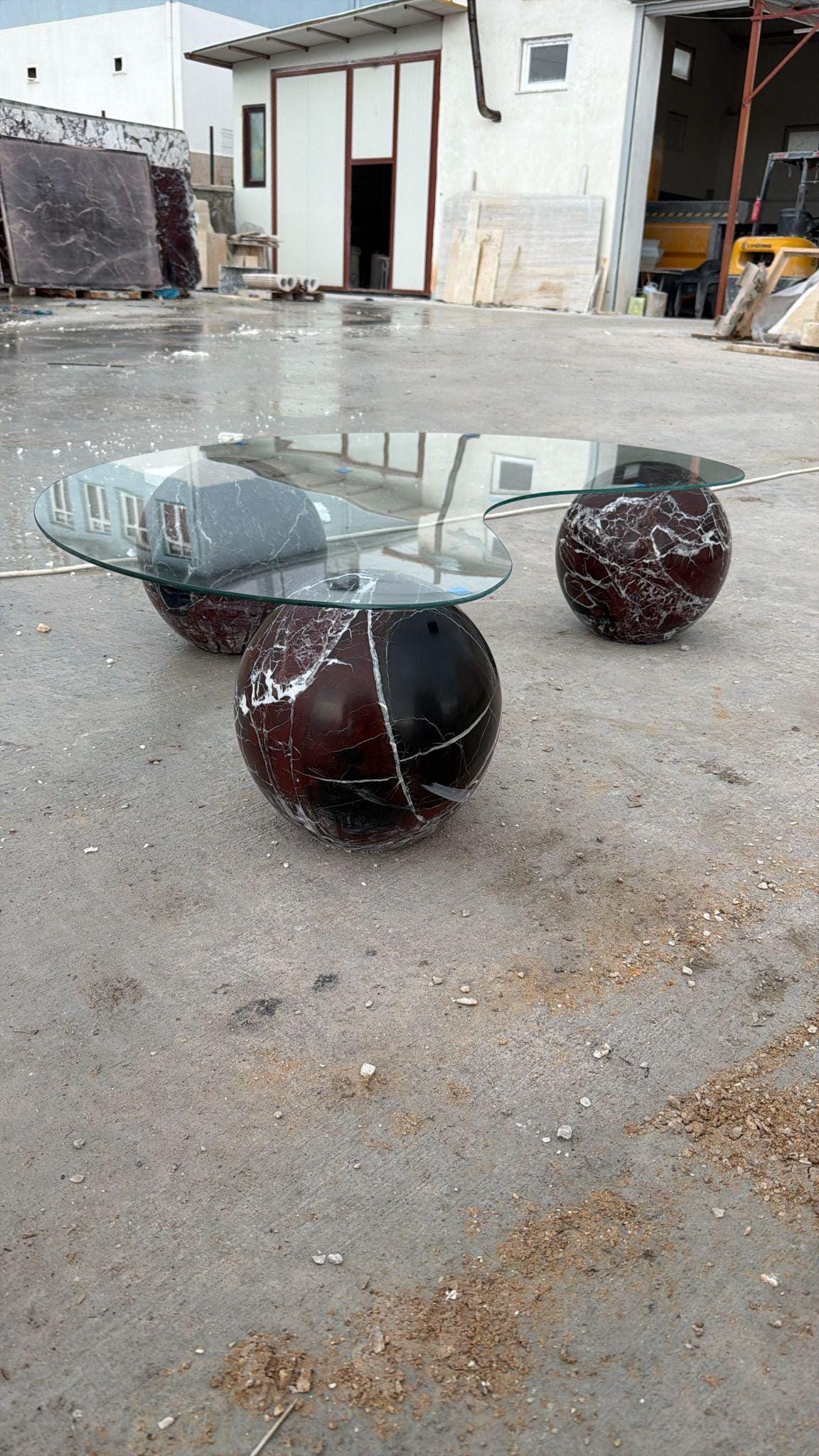 Rosso Levanto Marble Coffee Table – Round Ball Design, Handmade Glass Table Top