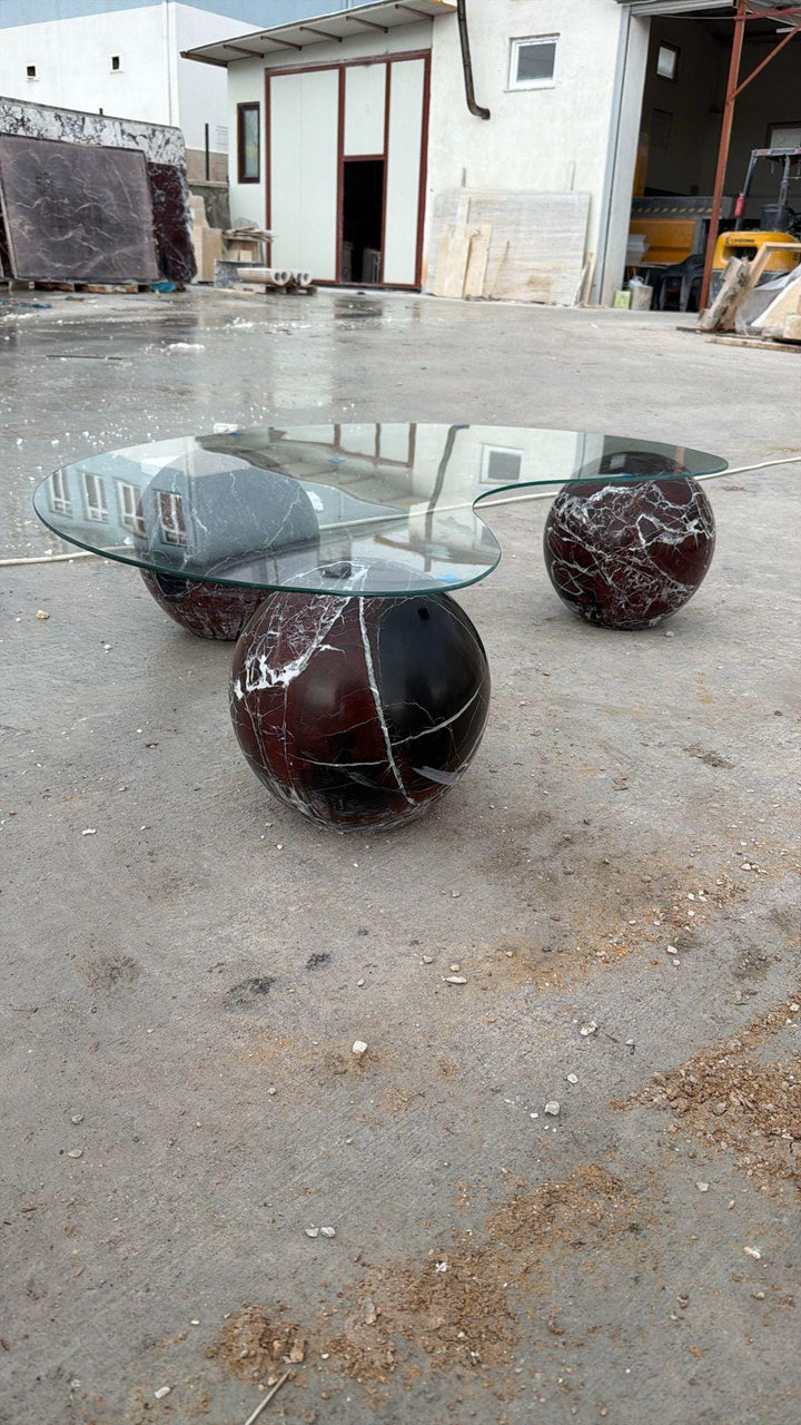 Rosso Levanto Marble Coffee Table – Round Ball Design, Handmade Glass Table Top