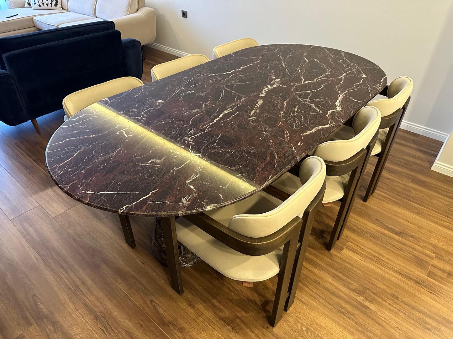Handmade Rosso Levanto Marble Oval Dining Table – High Gloss Kitchen Stone Table