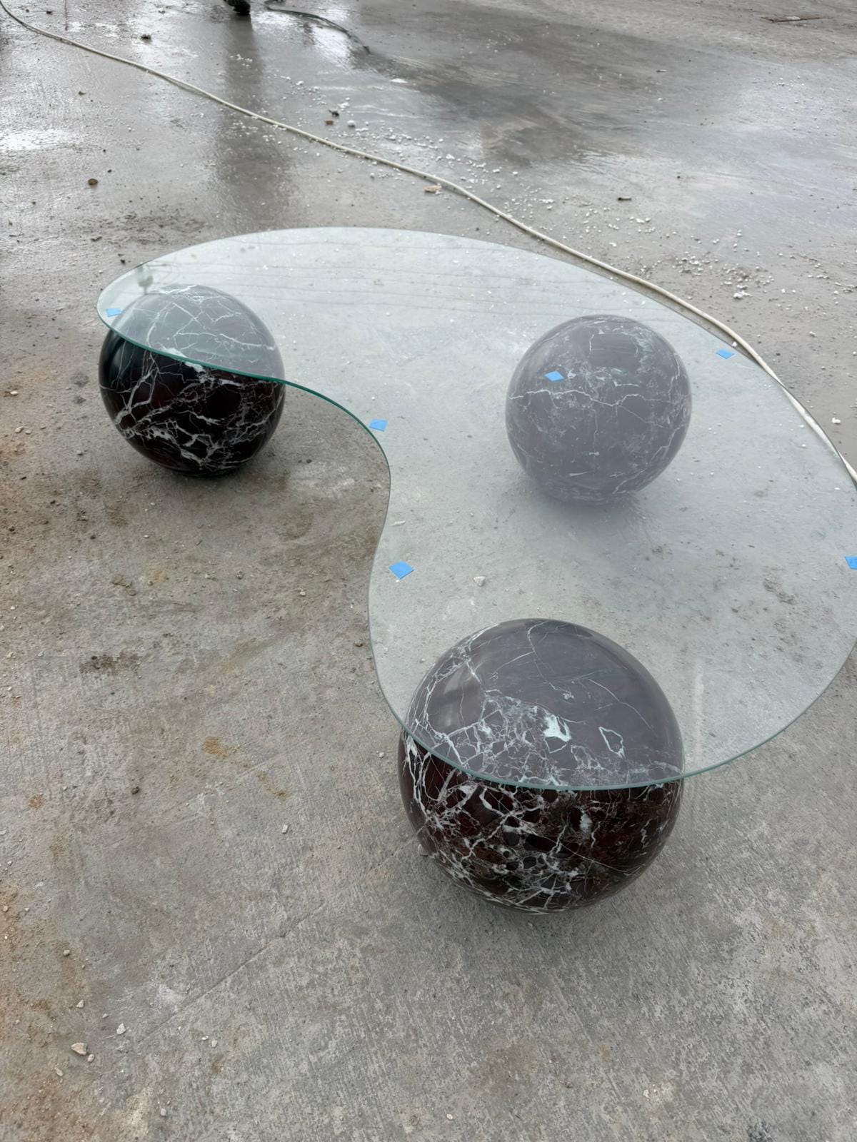 Rosso Levanto Marble Coffee Table – Round Ball Design, Handmade Glass Table Top