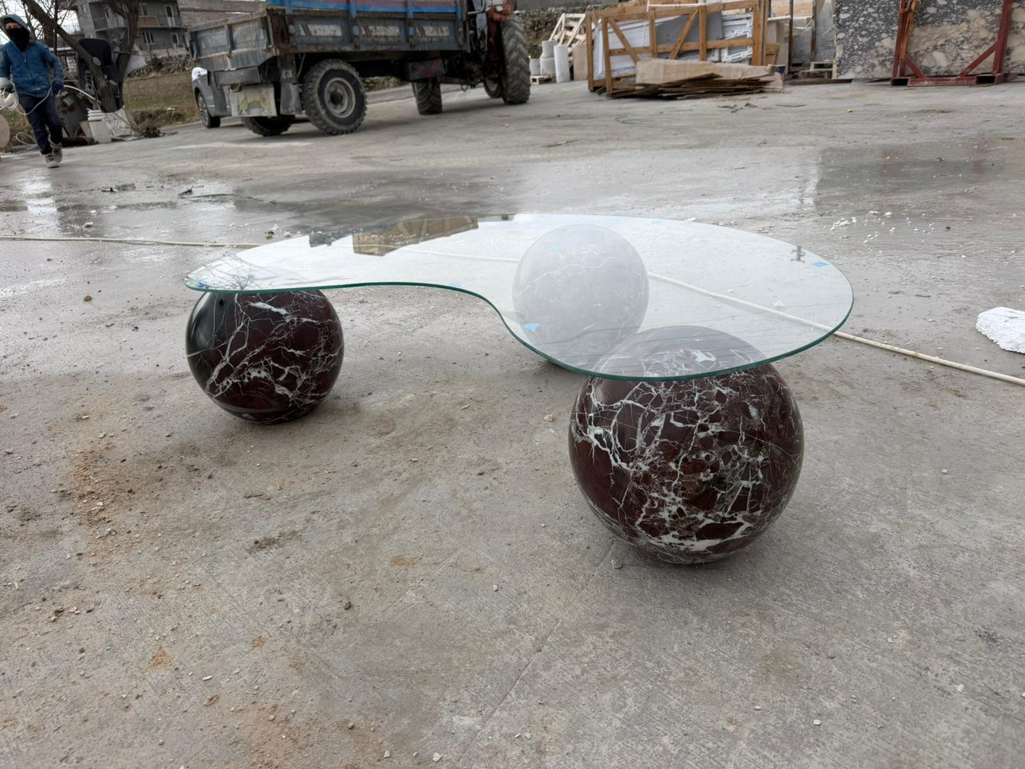Rosso Levanto Marble Coffee Table – Round Ball Design, Handmade Glass Table Top