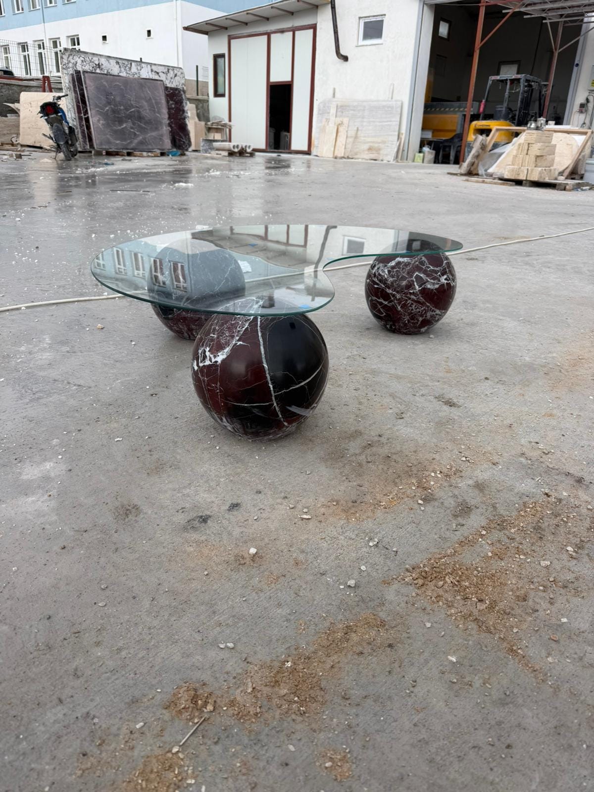 Rosso Levanto Marble Coffee Table – Round Ball Design, Handmade Glass Table Top