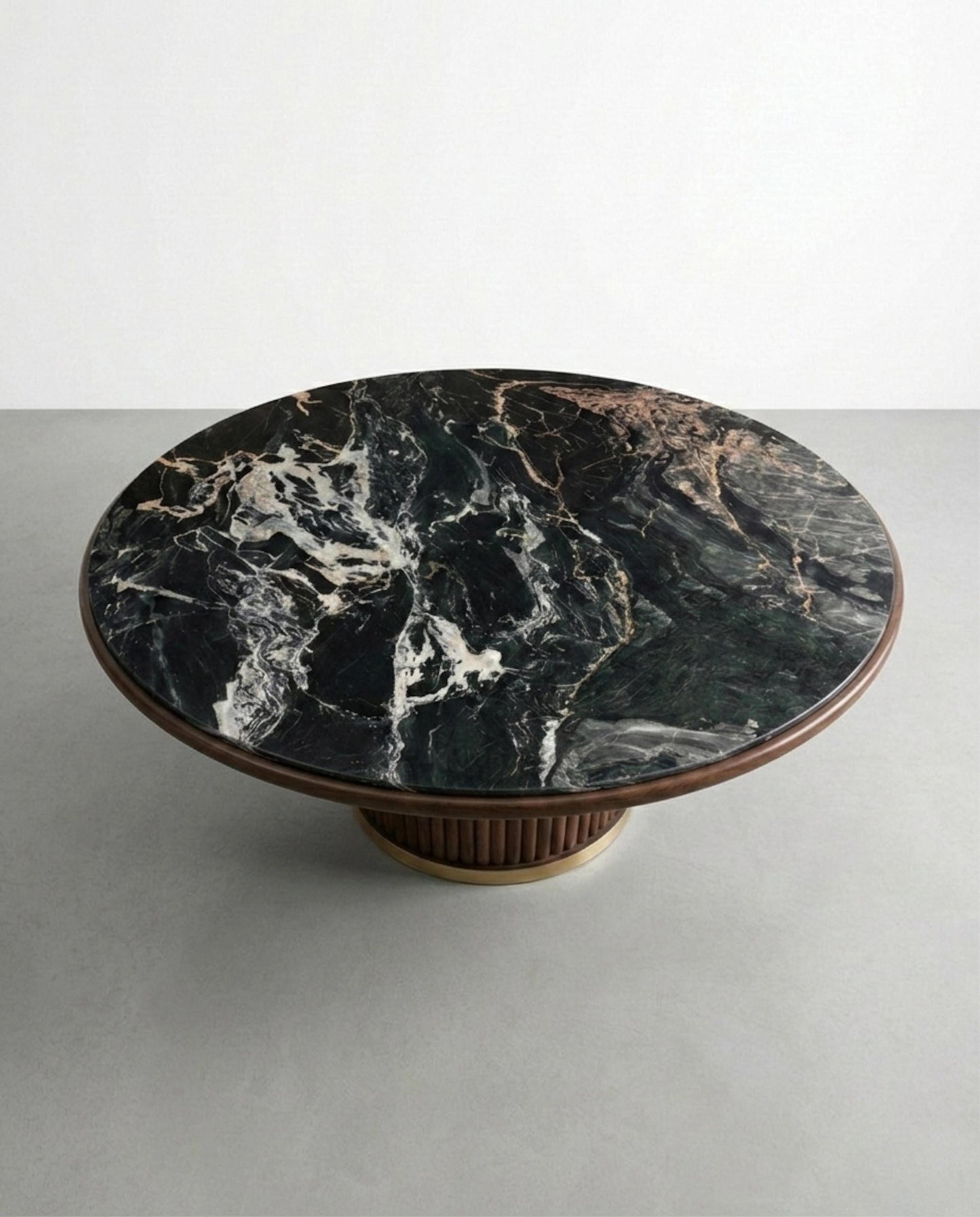 Nero Picasso Marble Round Dining Table – Walnut Wood Base Custom Stone