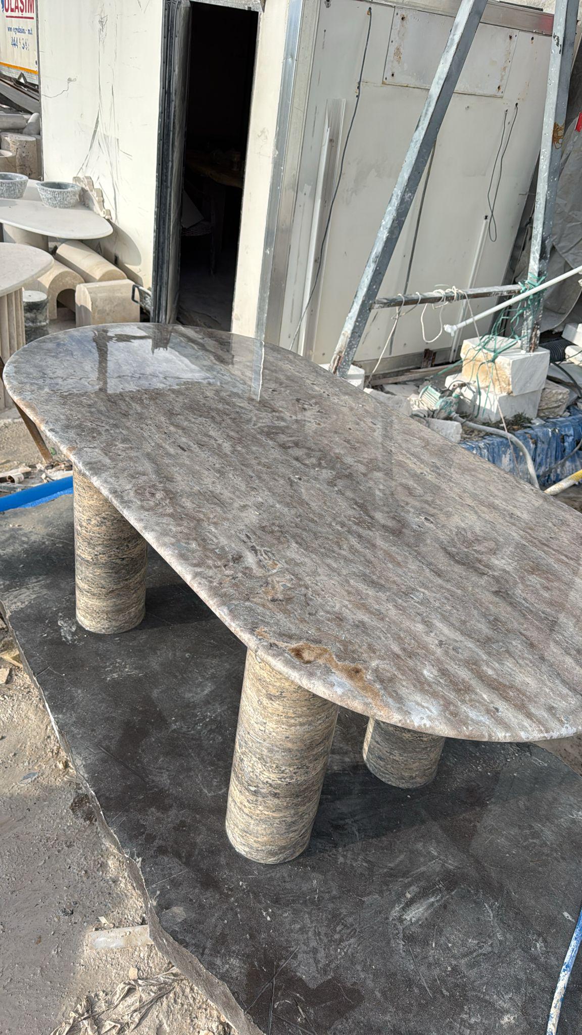 Custom Oval Silver Travertine Dining Table – Handmade Natural Stone Furniture