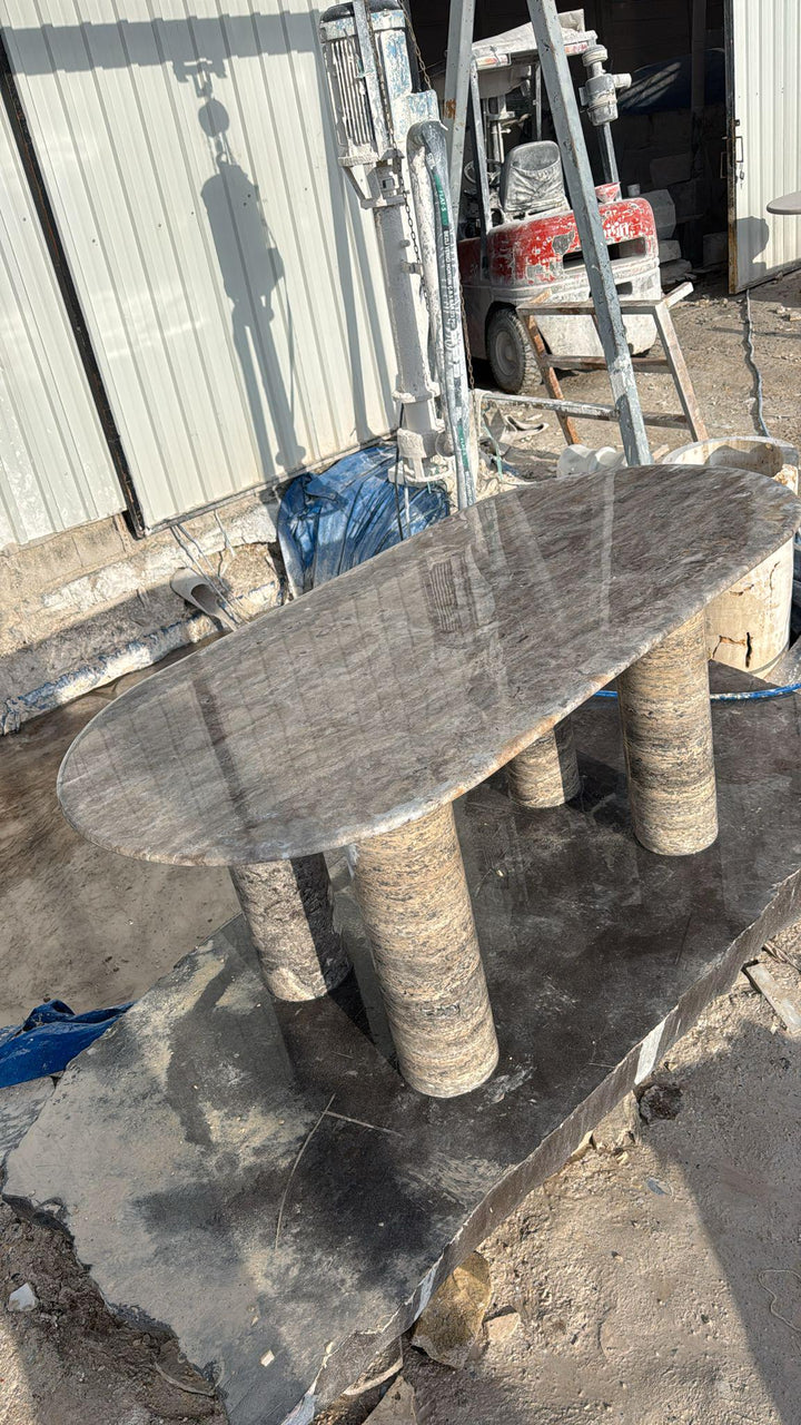 Custom Oval Silver Travertine Dining Table – Handmade Natural Stone Furniture