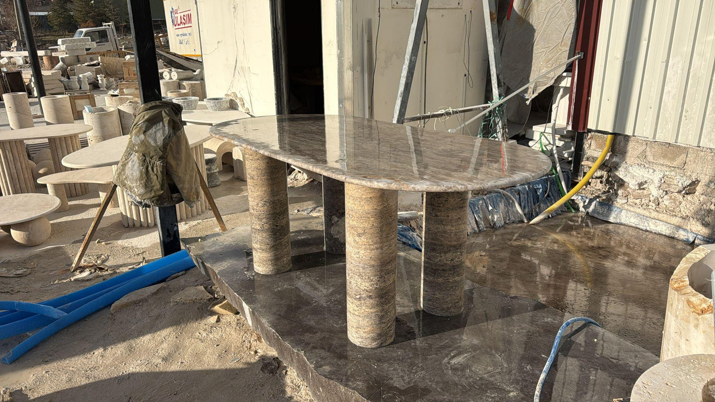 Custom Oval Silver Travertine Dining Table – Handmade Natural Stone Furniture