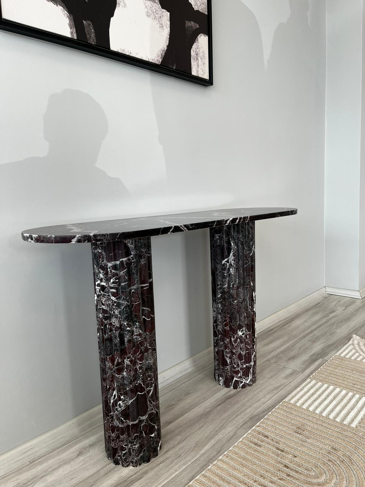 Handmade Red Rosso Levanto Marble Console Table, Natural Stone Coffee Table, Fluted Legs