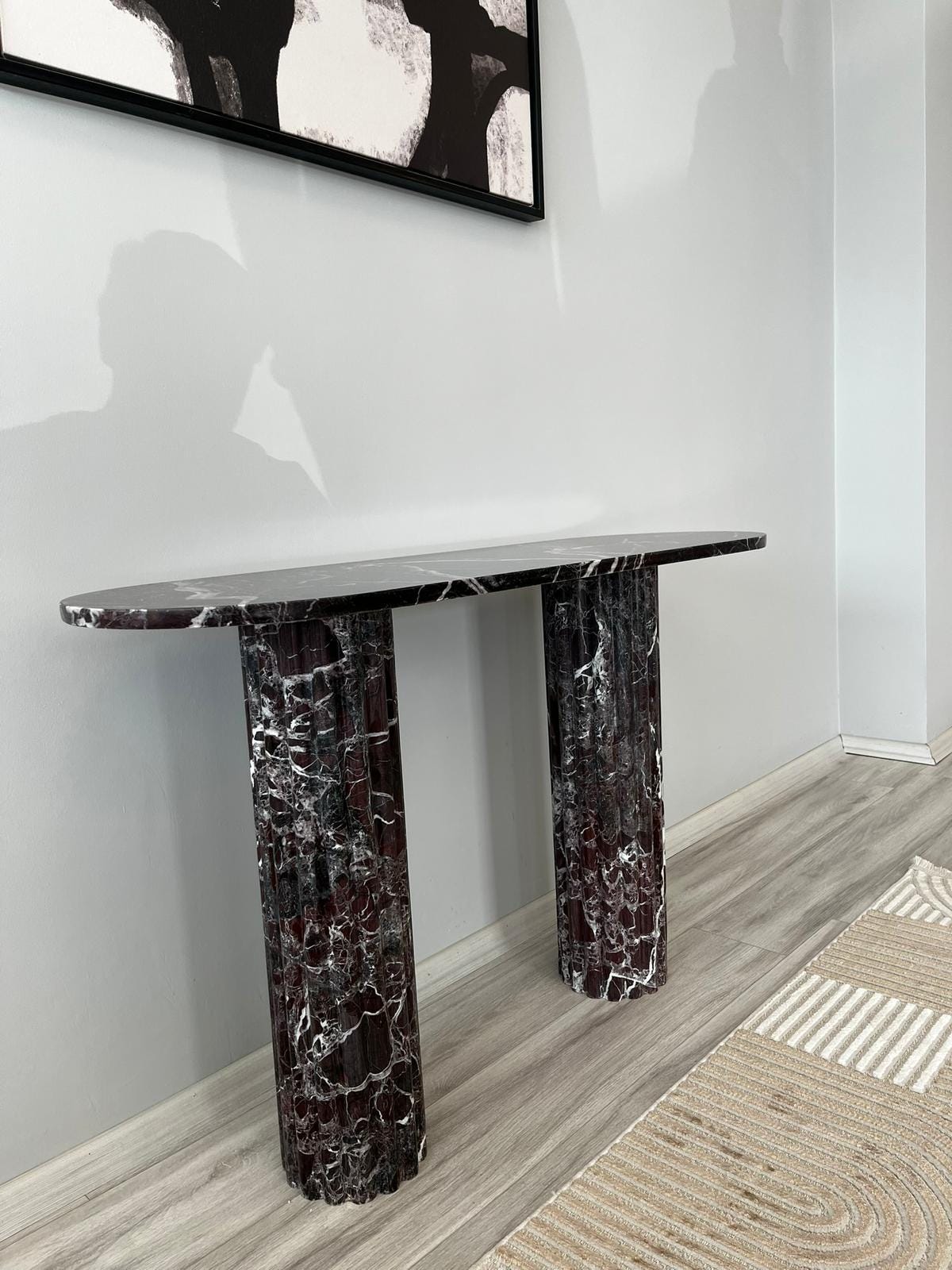 Handmade Red Rosso Levanto Marble Console Table, Natural Stone Coffee Table, Fluted Legs