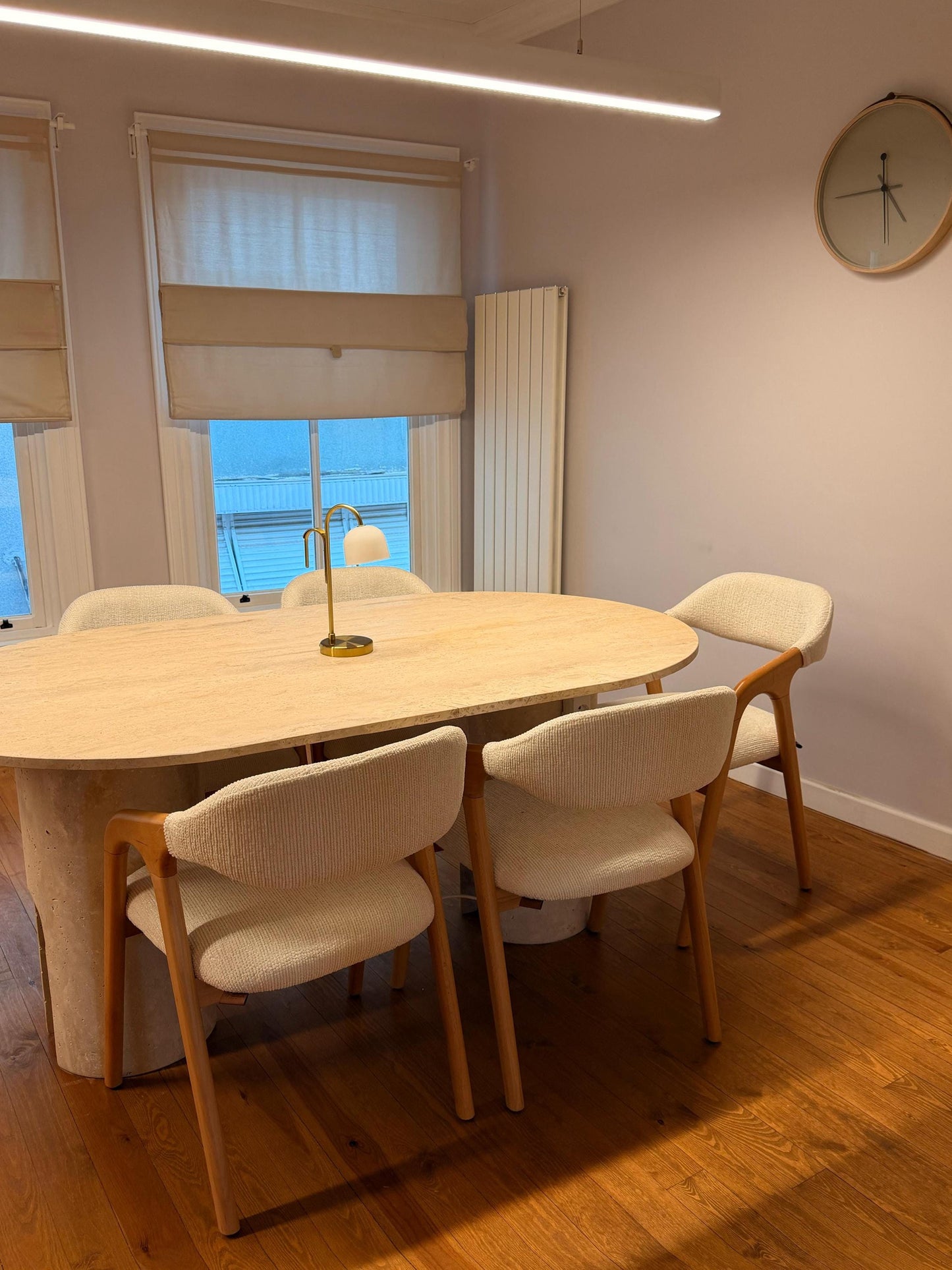 Custom Travertine Oval Dining Table – Hand-Carved Natural Beige Stone Pedestal Base