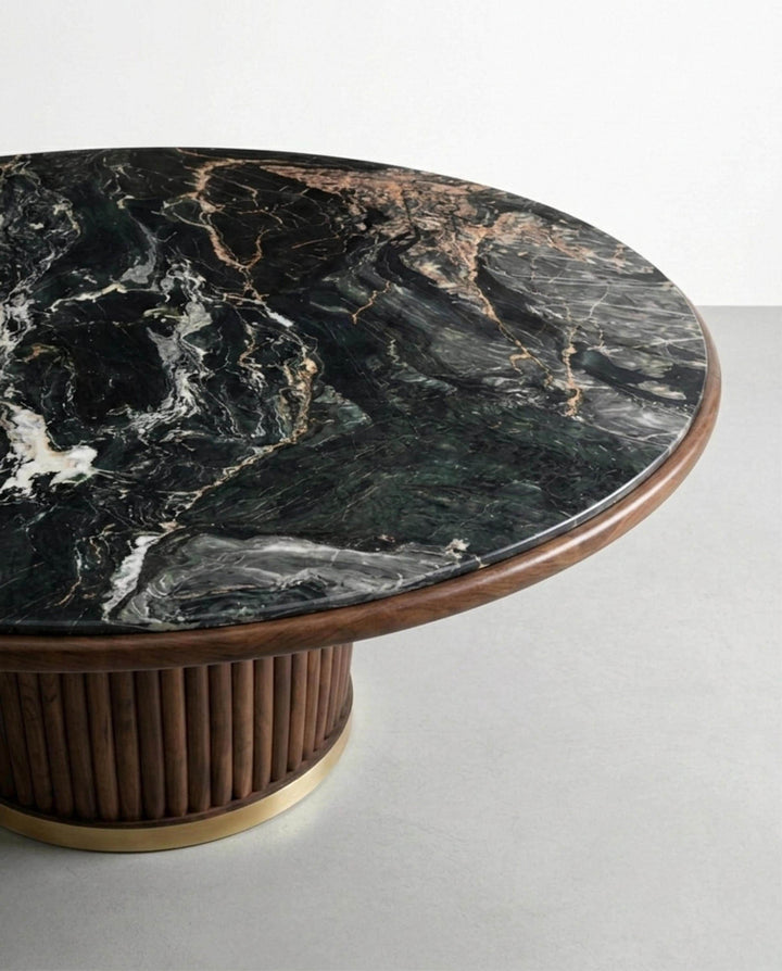 Nero Picasso Marble Round Dining Table – Walnut Wood Base Custom Stone