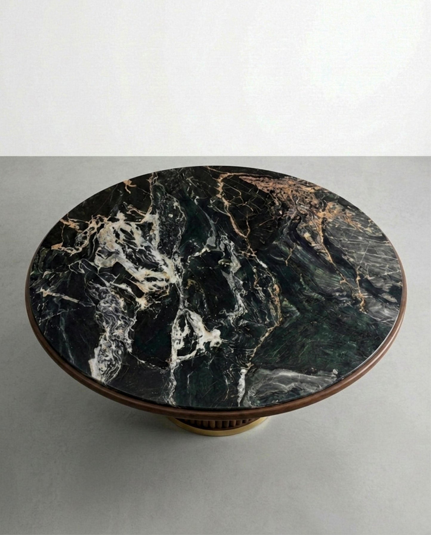 Nero Picasso Marble Round Dining Table – Walnut Wood Base Custom Stone