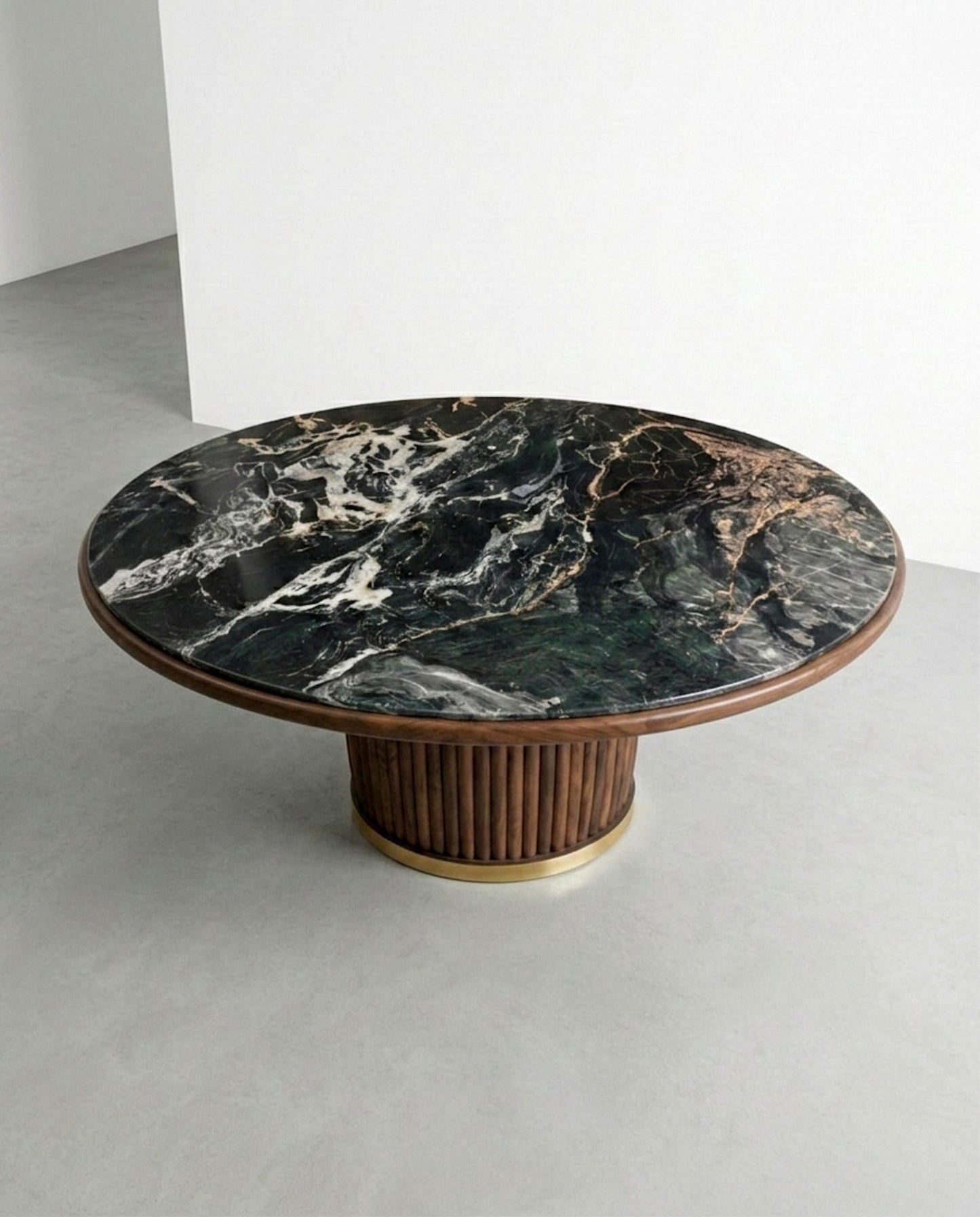 Nero Picasso Marble Round Dining Table – Walnut Wood Base Custom Stone