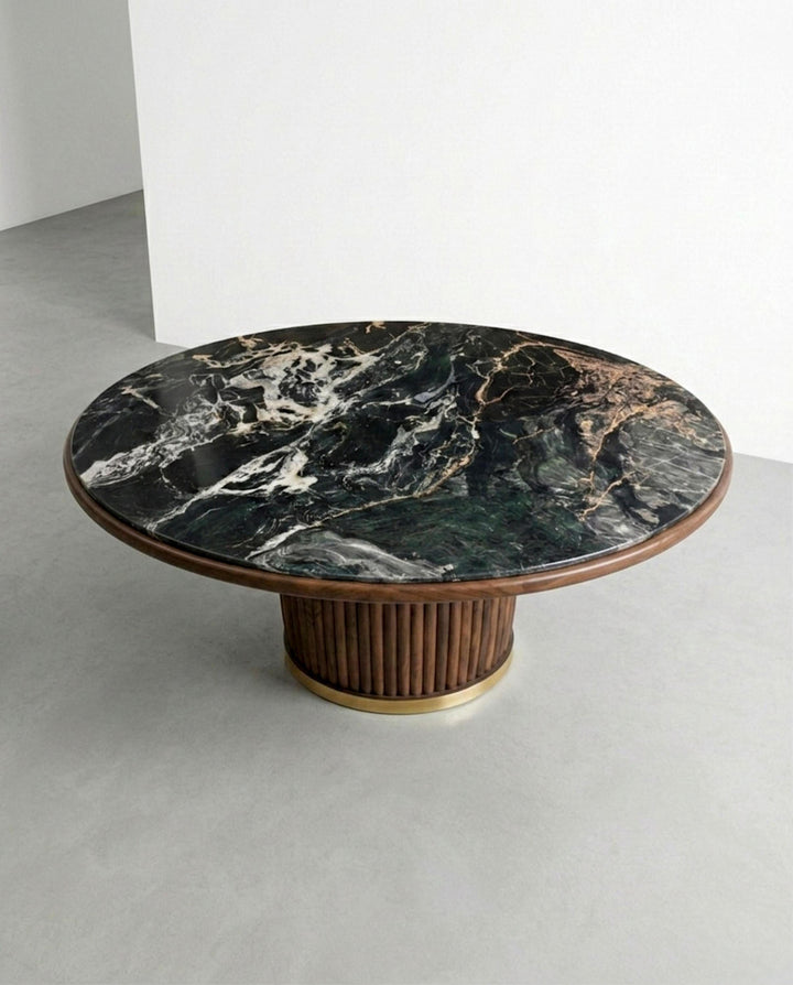Nero Picasso Marble Round Dining Table – Walnut Wood Base Custom Stone
