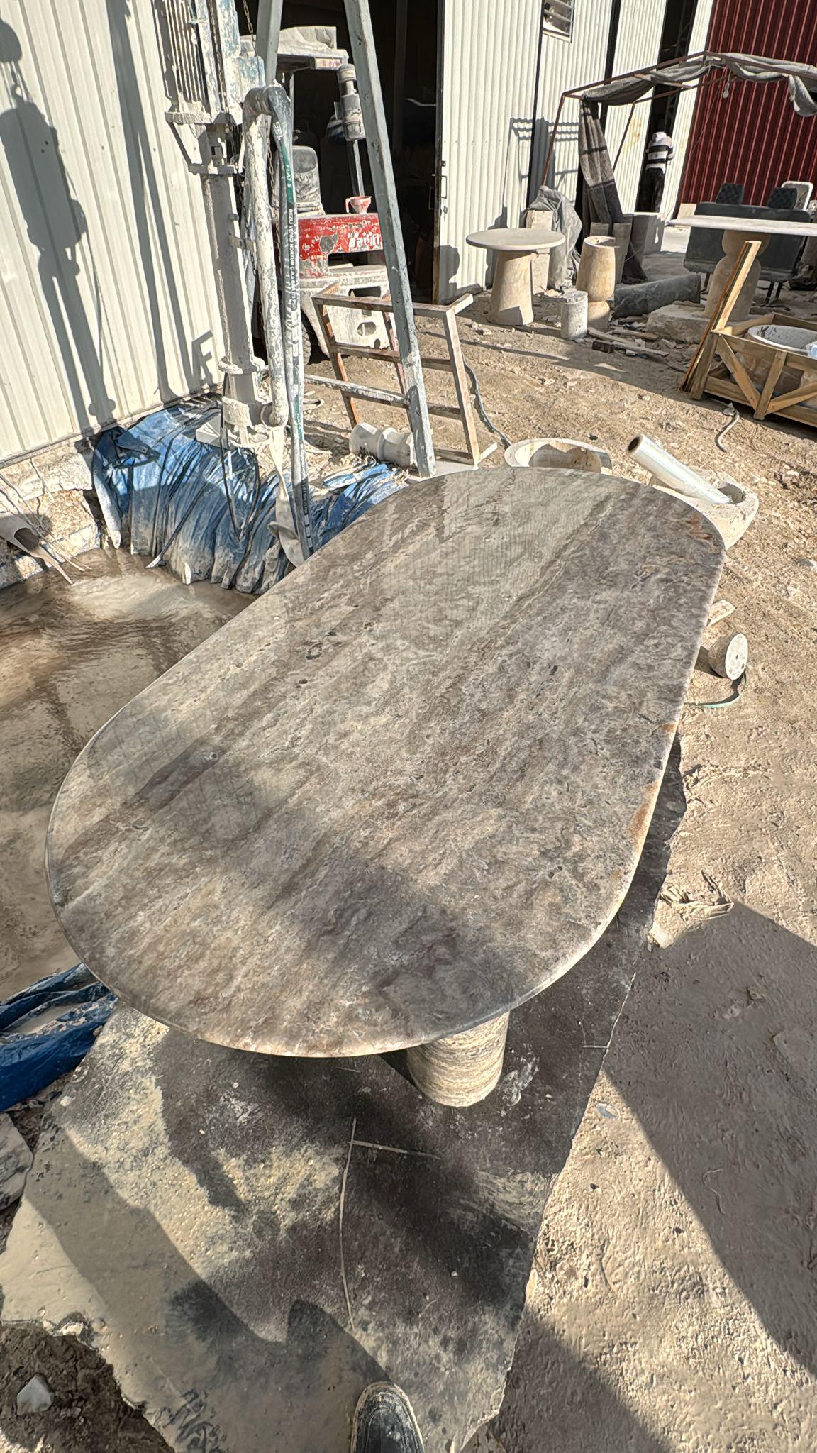 Custom Oval Silver Travertine Dining Table – Handmade Natural Stone Furniture
