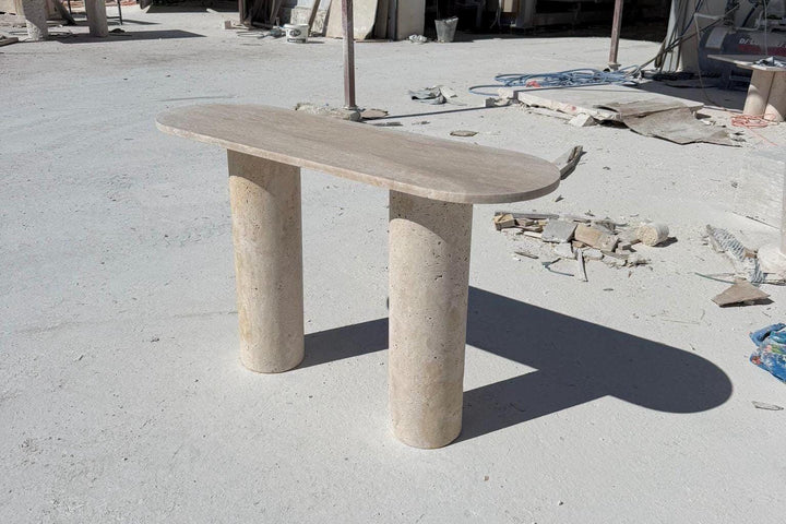 Sculptural Handmade Beige Travertine Console Table - Handmade Office Furniture